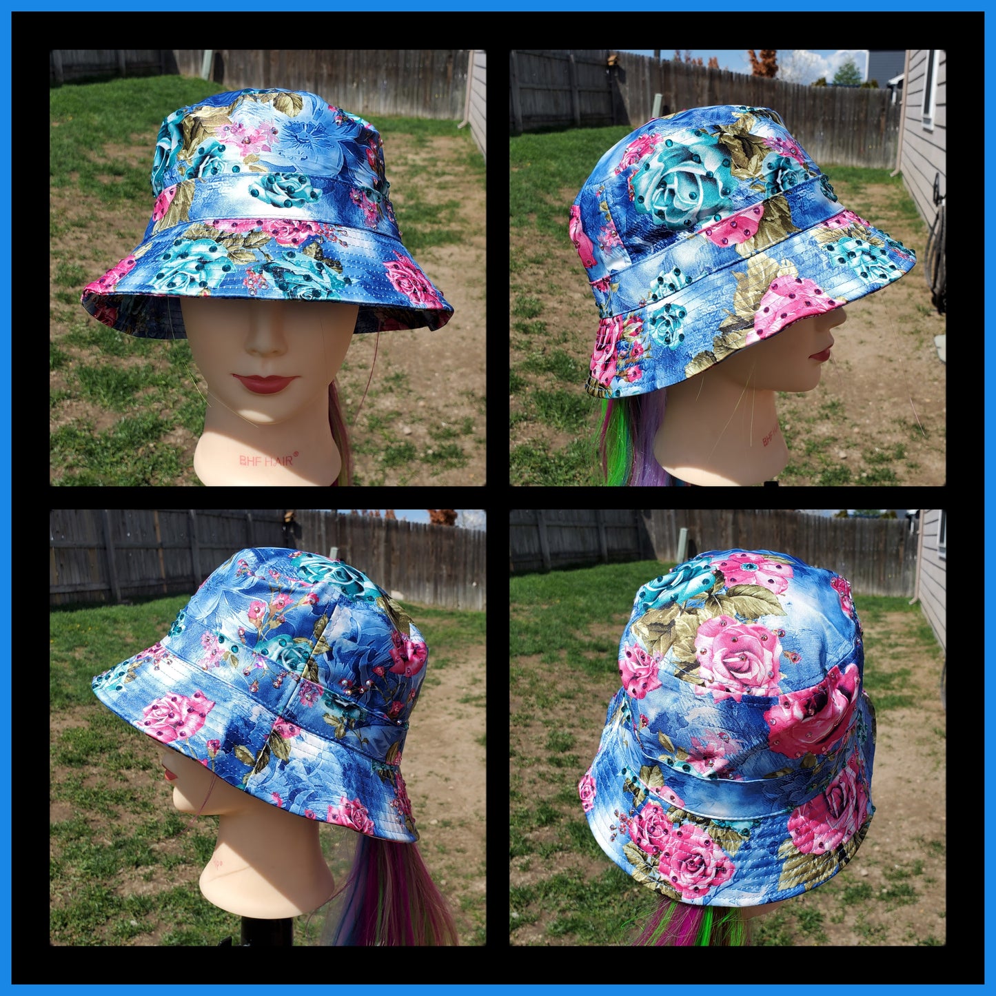 Blue & Pink Roses BLING Bucket Hat