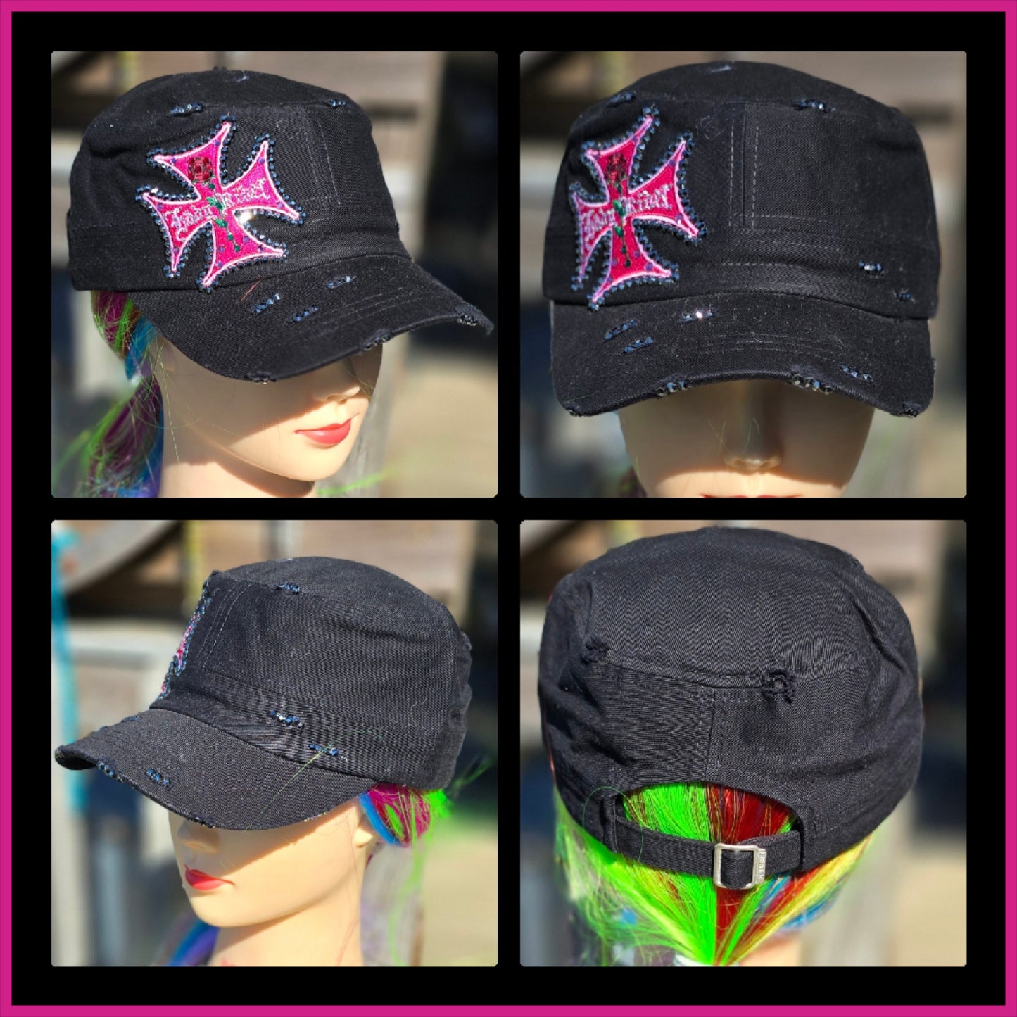 Black & Pink Lady Rider Biker BLING Hat