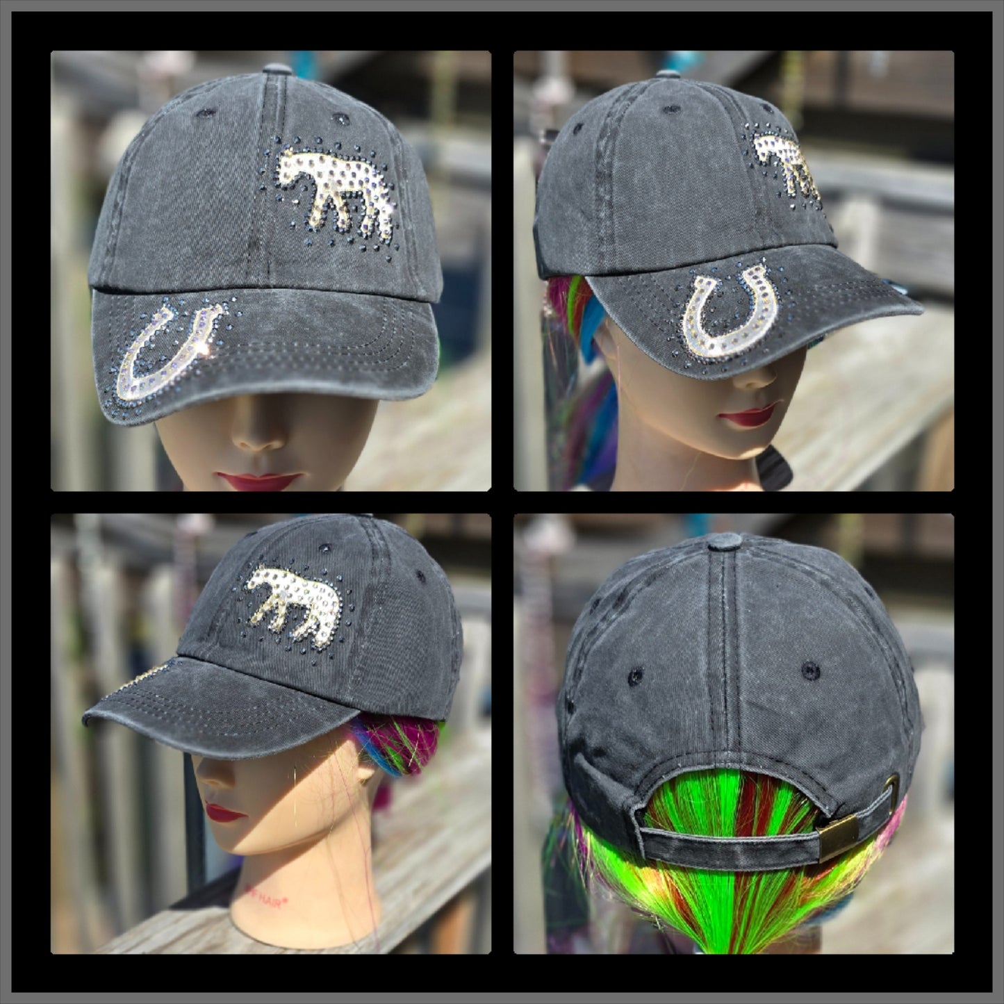 Ladies Charcoal Gray Horse & Horseshoe BLING Hat