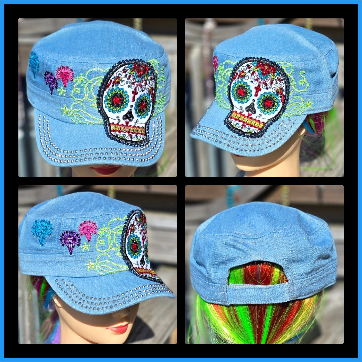 Blue Denim Sugar Skull BLING Hat