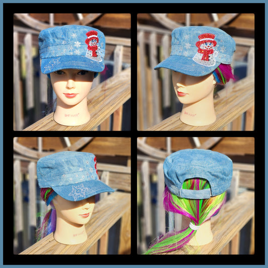 Blue Denim Snowman BLING Hat