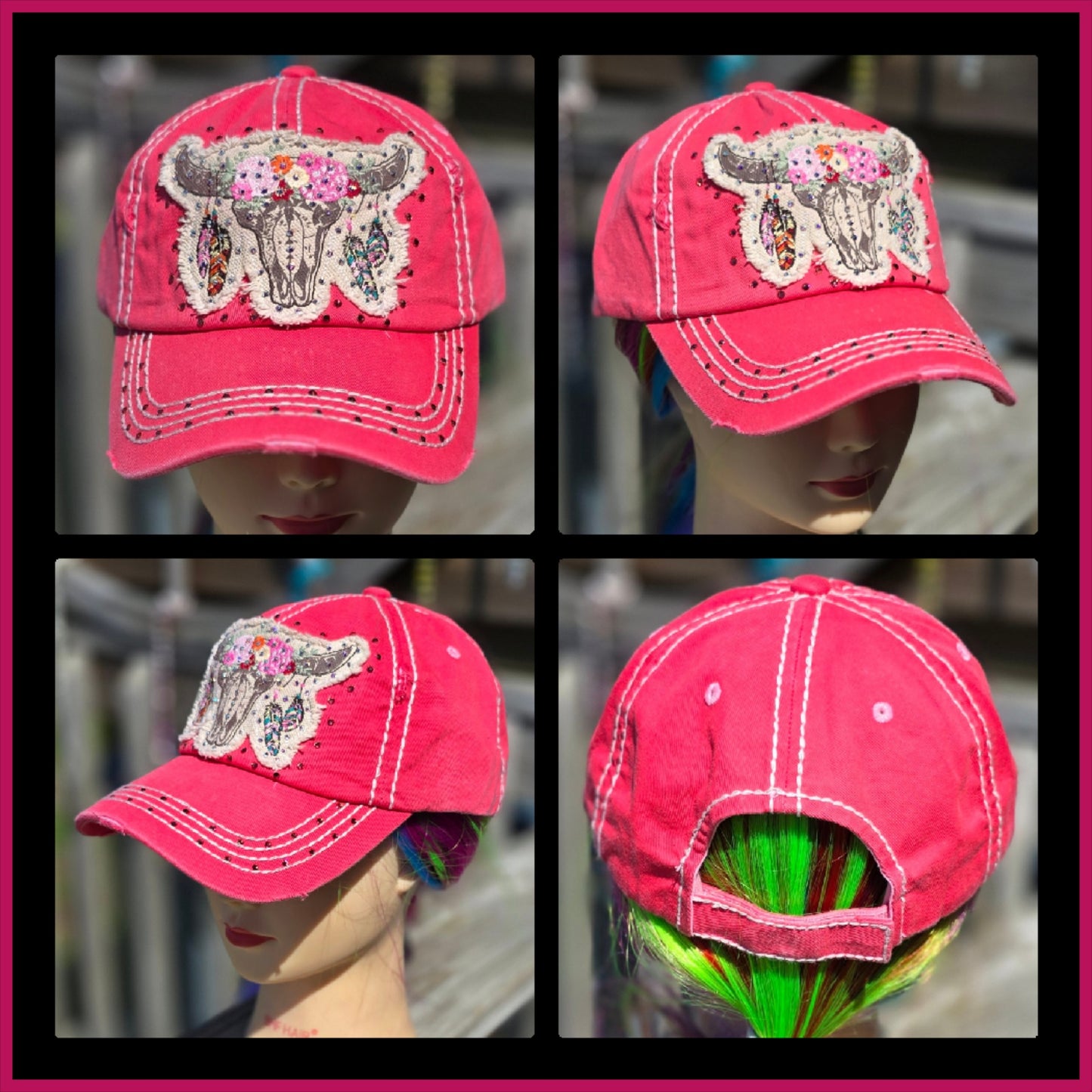 Coral Shaggy Cow Skull BLING Hat