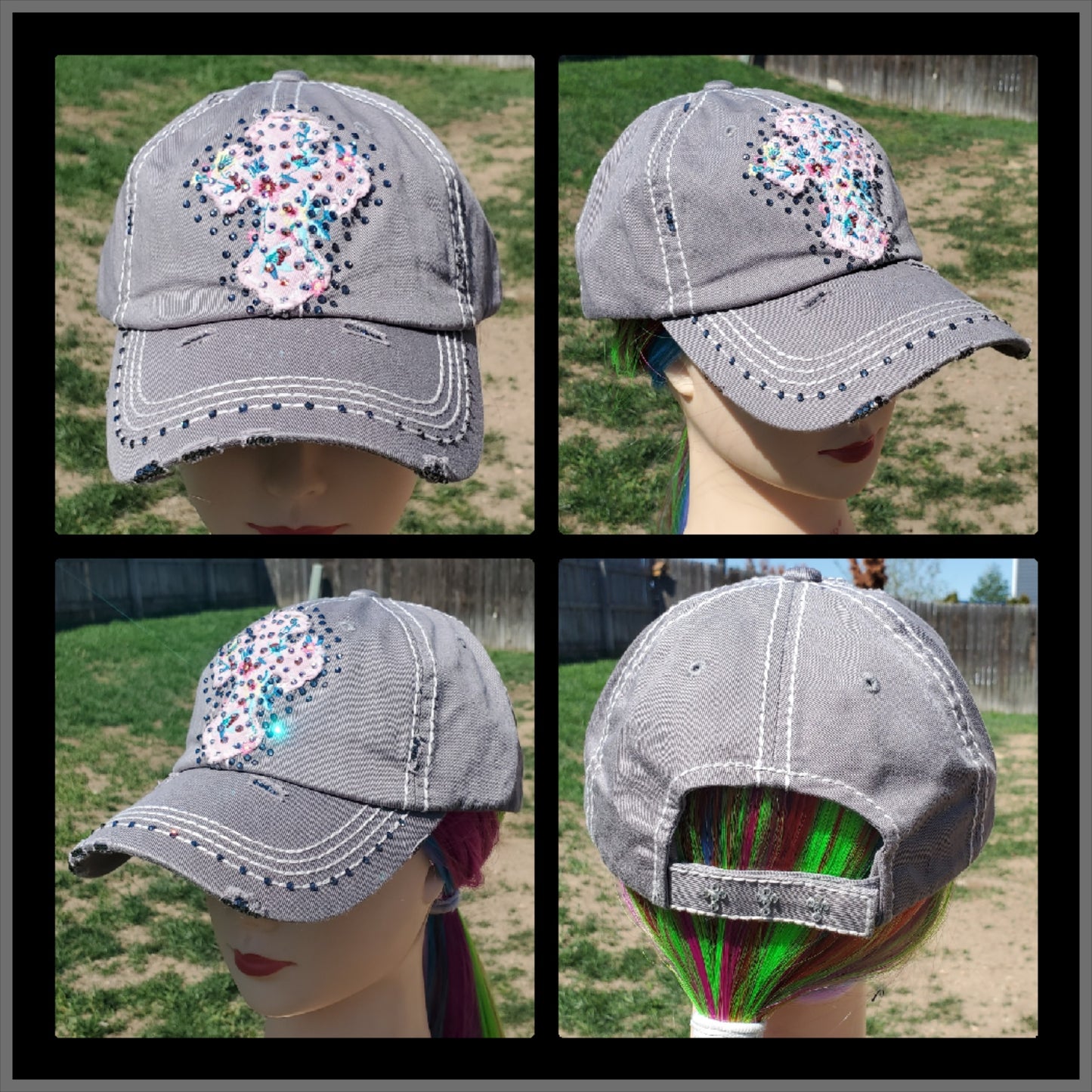 Gray & Pink Cross BLING Hat