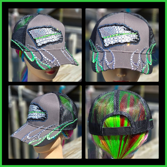 Gray Green Line Tattered Flag BLING Hat