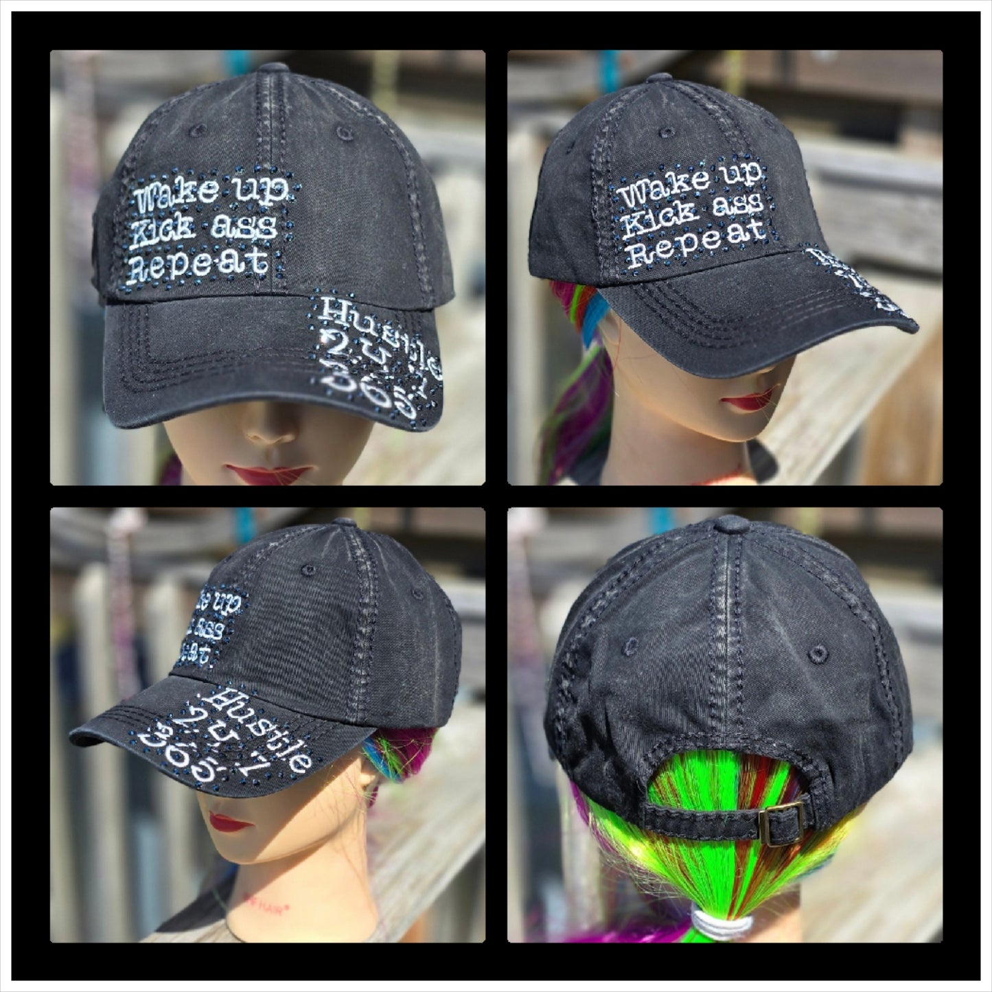 Ladies Black Hustle 24, 7, 365 BLING Hat