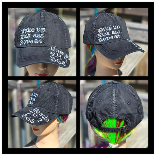 Ladies Black Hustle 24, 7, 365 BLING Hat
