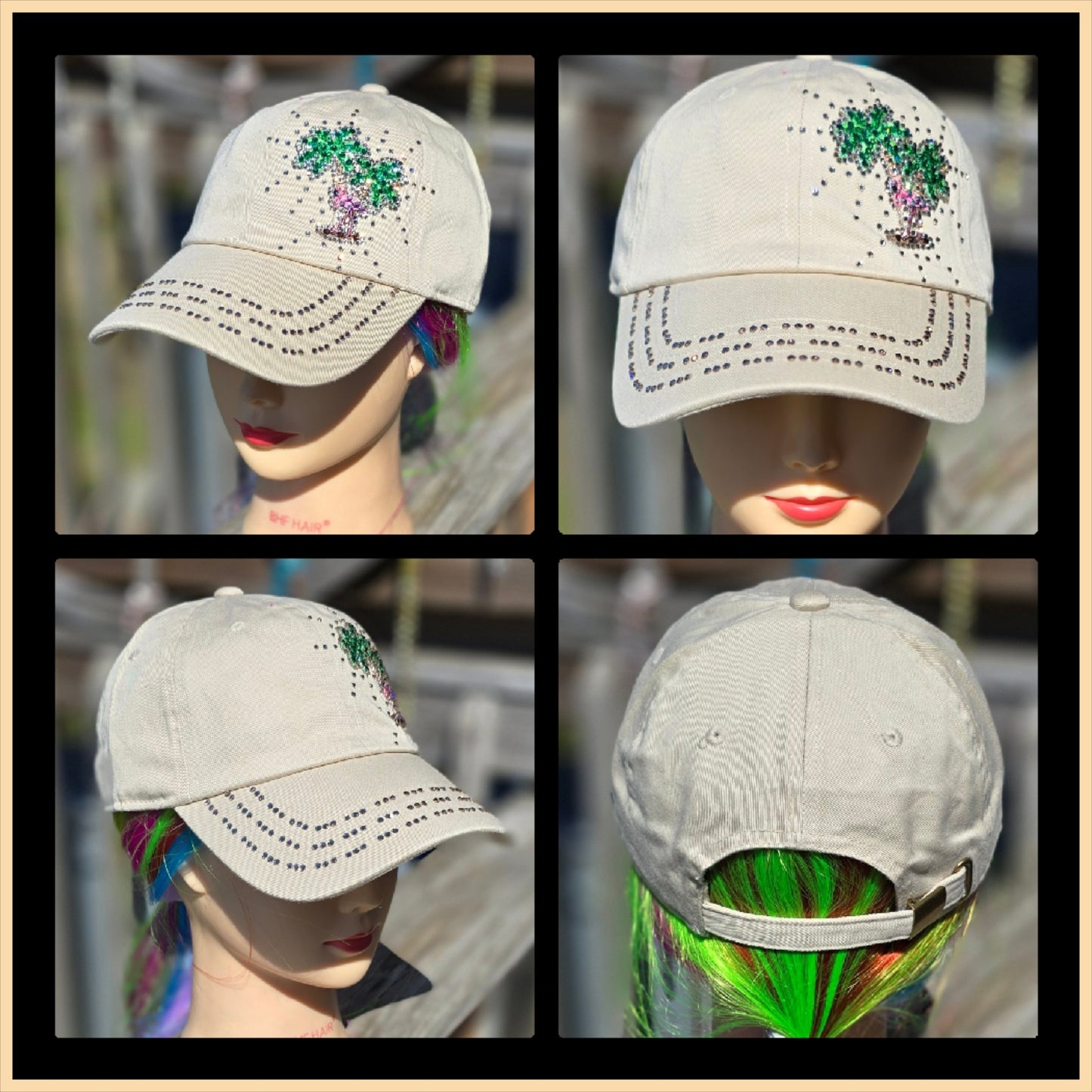 Ladies Khaki Palm Tree BLING Hat