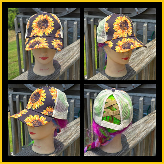 Ladies Khaki & Black Sunflower BLING Hat