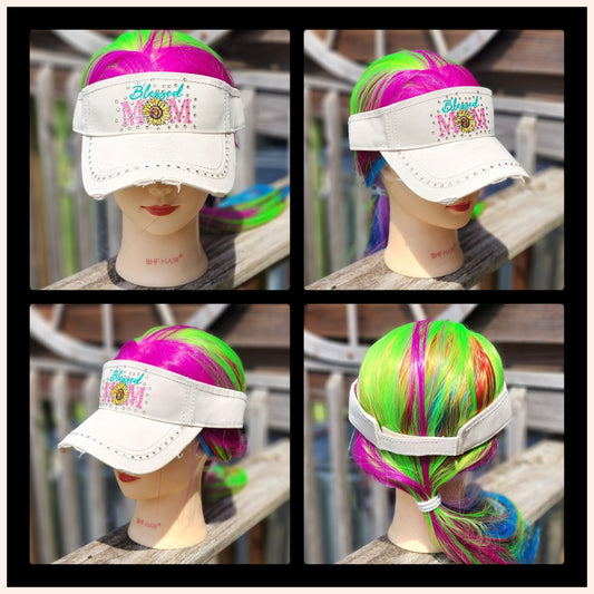Cream Blessed Mom BLING Sun Visor