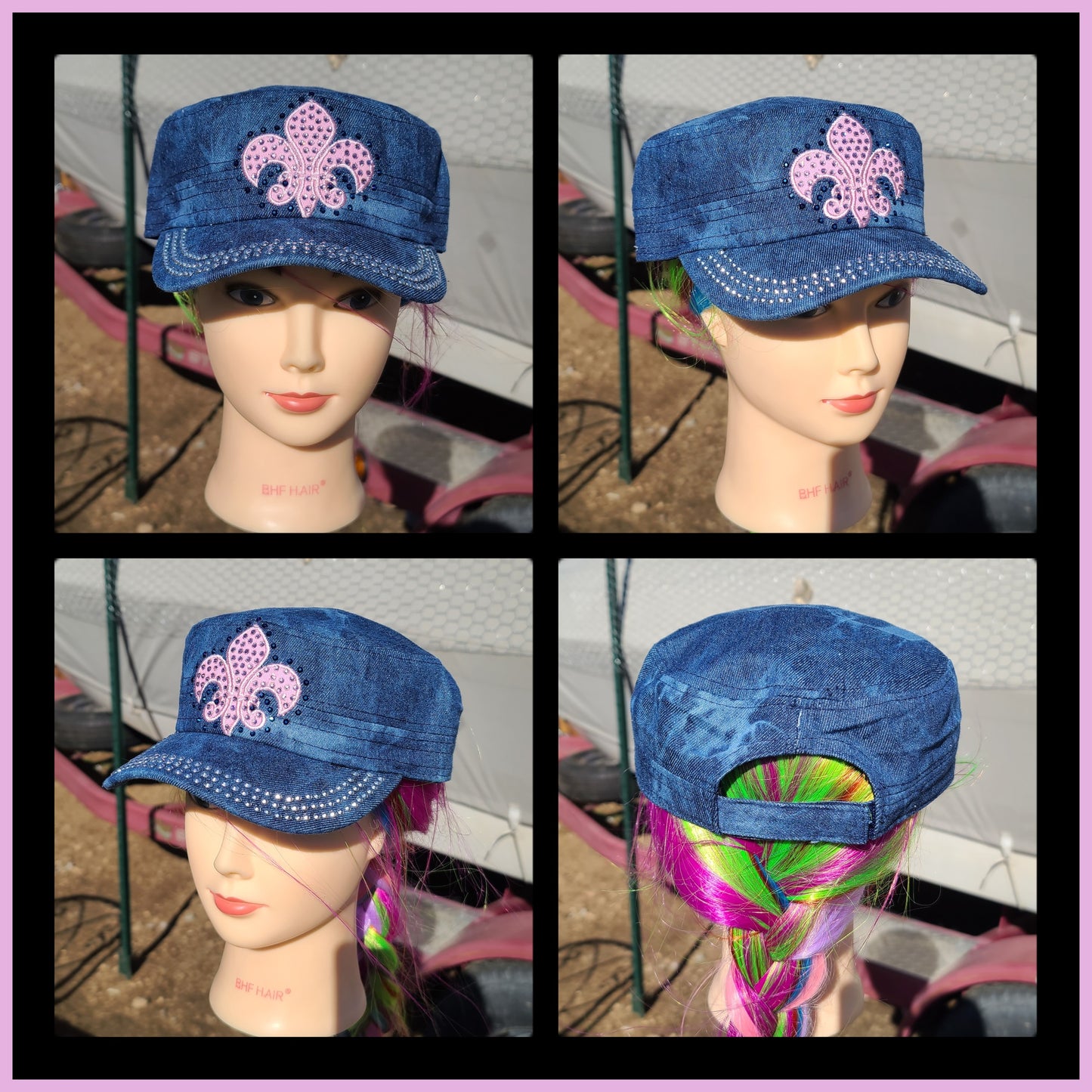 Dark Blue & Pink Fleur De Lis BLING Hat