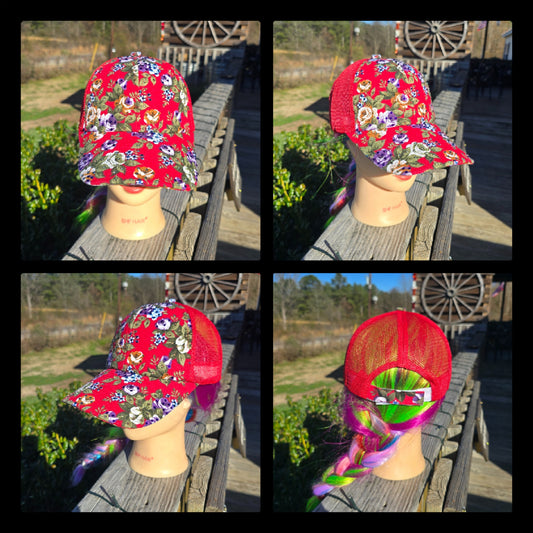 Red Flower Trucker BLING Hat