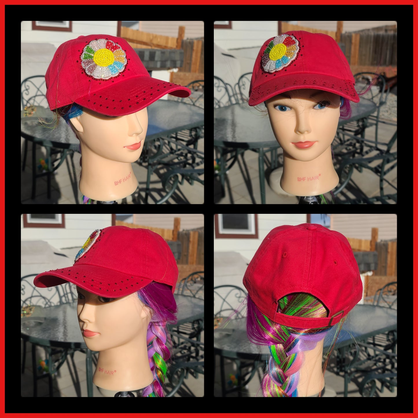 Red Beaded FLOWER BLING Hat