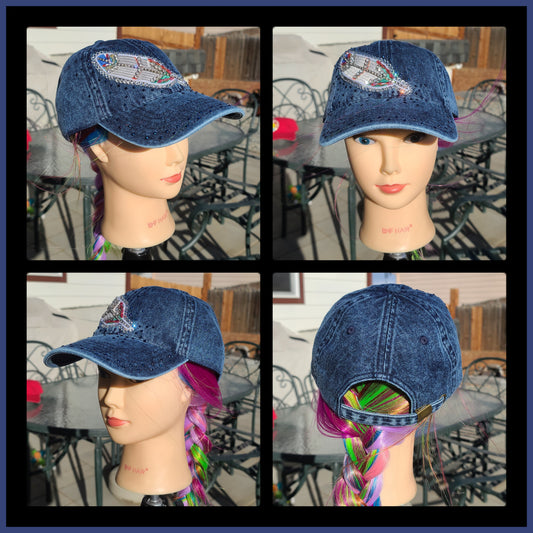Blue Denim Beaded Feather BLING Hat