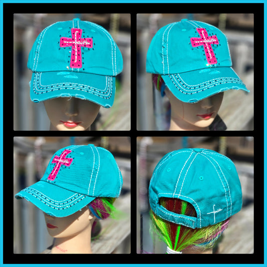 Turquoise & Pink Faith BLING Hat