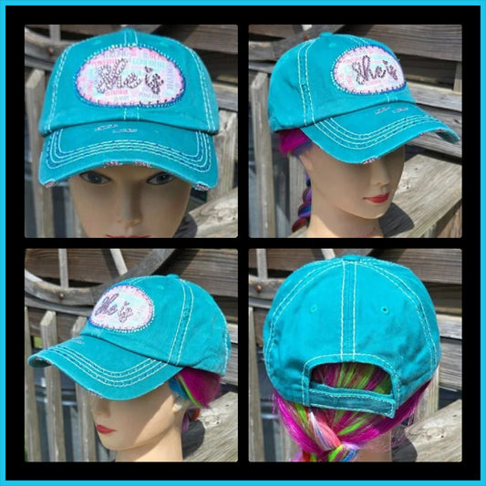 Turquoise She Is BLING Hat